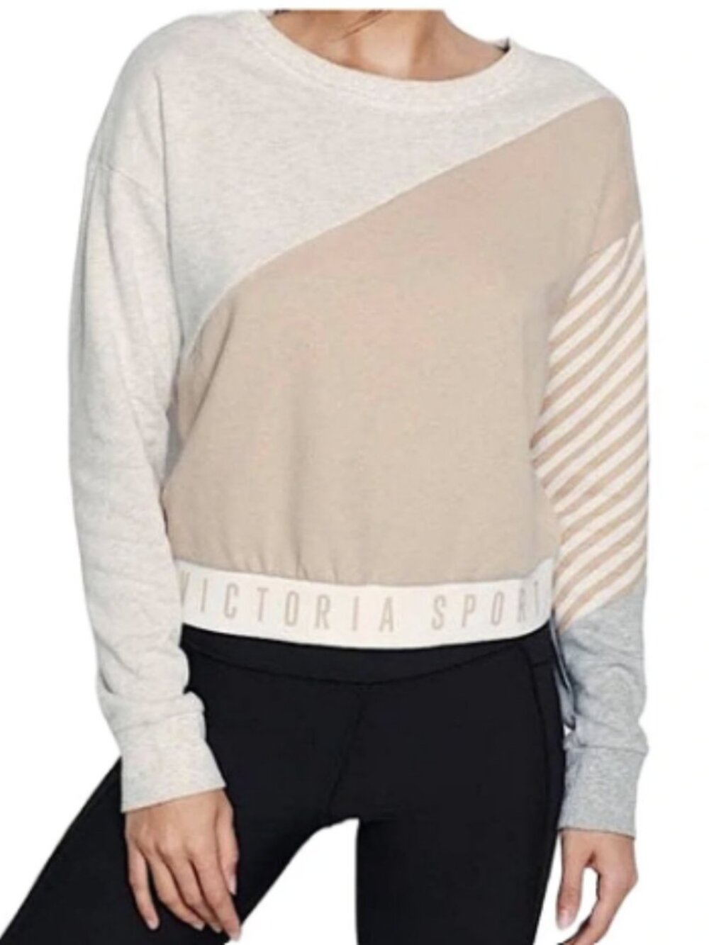VICTORIA SPORT Colorblock Crop Top Sweatshirt Small Neutral Crewneck Pullover